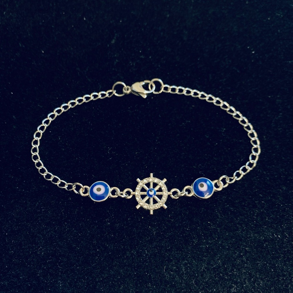 Rhinestone Nautical Ship’s Wheel w/Evil Eye bracelet or anklet - Picture 3 of 5